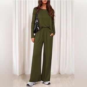 Olive Green Lounge Set 2 Piece Travel Outfit Matching Set Wide Leg Pants Comfy